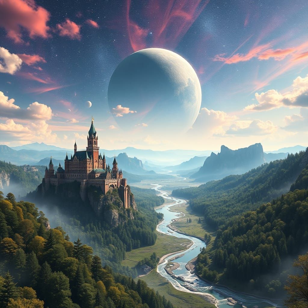 Fantasy Kingdom at Twilight: A Cosmic Digital Art