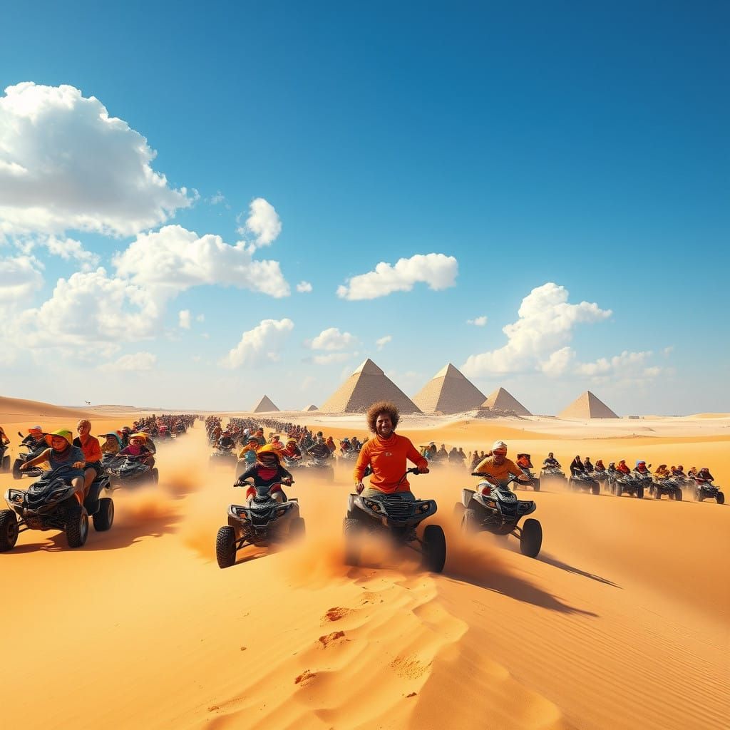 Vibrant Quad Bike Convoy in Egyptian Desert with Pyramids