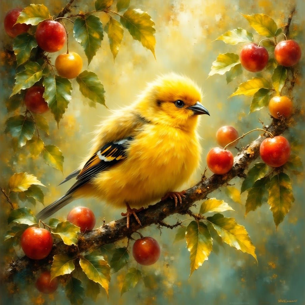 Canary in Cherry Tree Eating Cherries