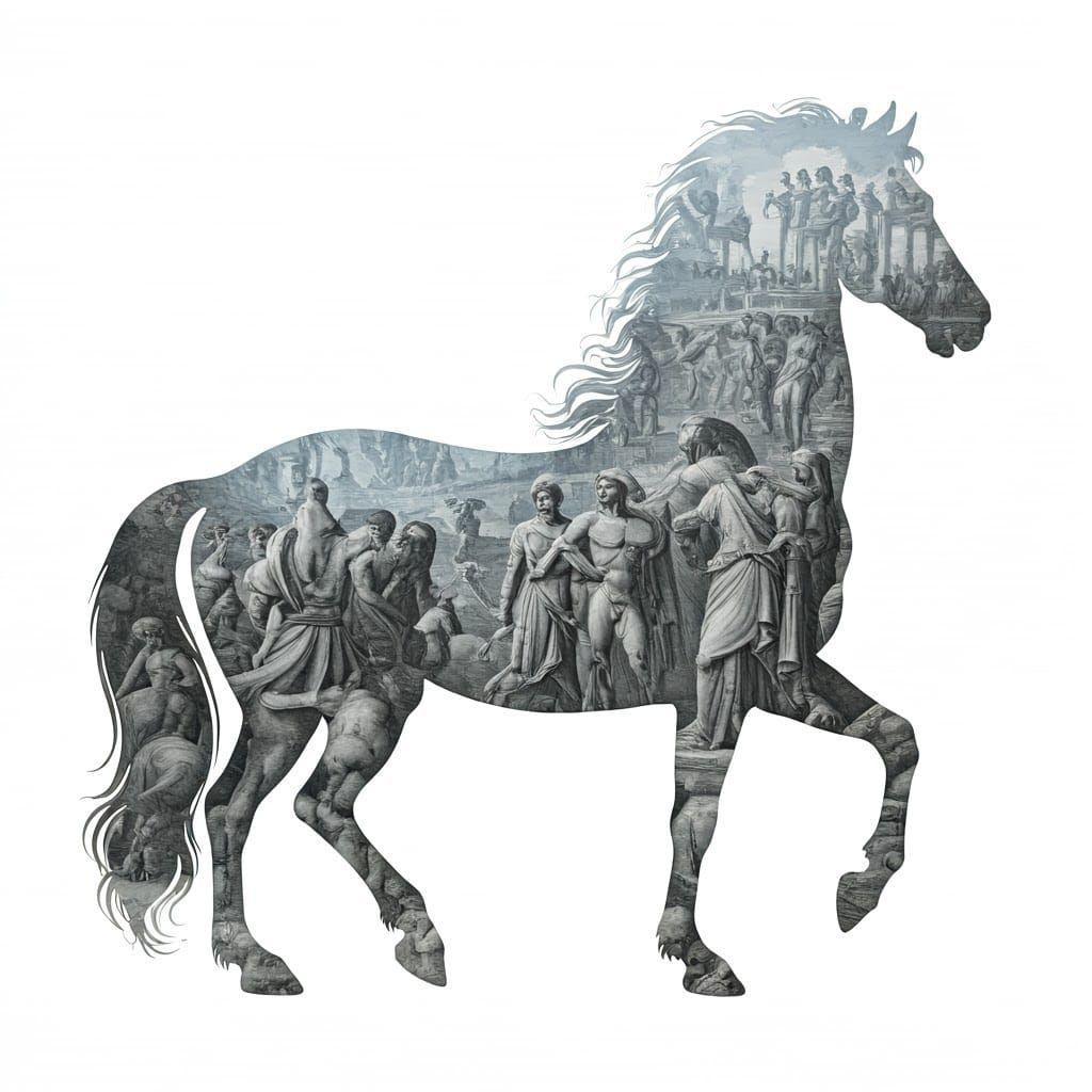 Centaur Silhouette Filled with Ancient Greece, Charcoal Draw...