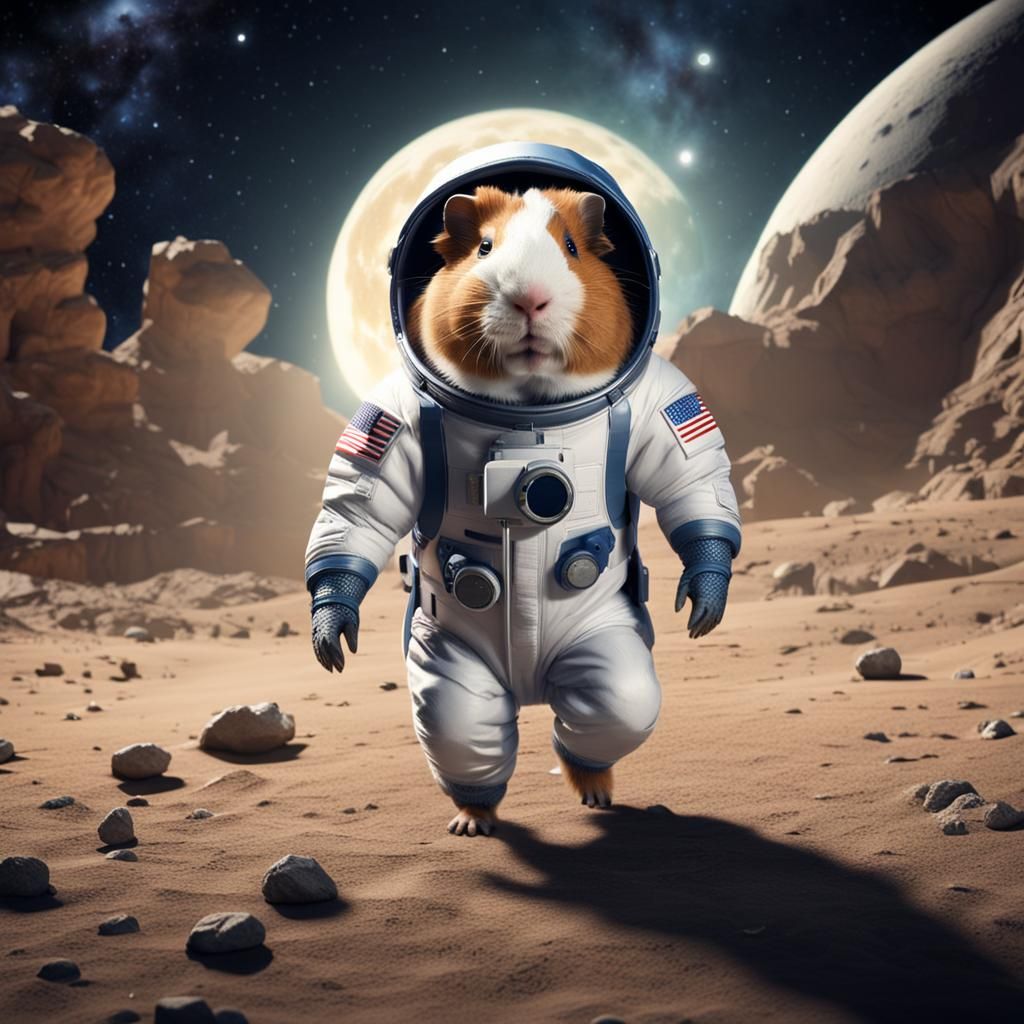 Guinea Pig Astronaut on Moon in Detailed Painting