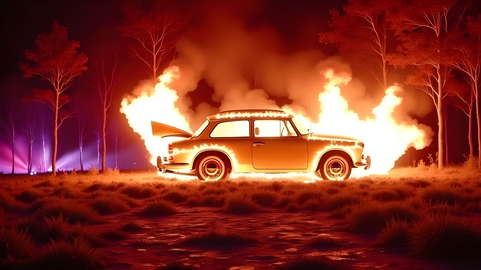 Massive Car Fire with Unexpected Colors
