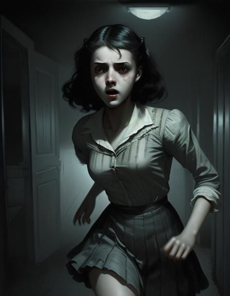 Frightened Girl Runs Down Dark Street: Horror Illustration