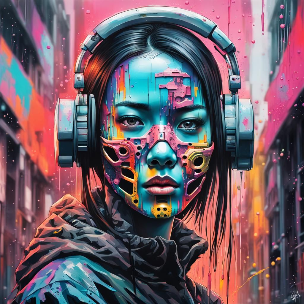 Android Portrait with Metal Skeleton Face in Graffiti Art