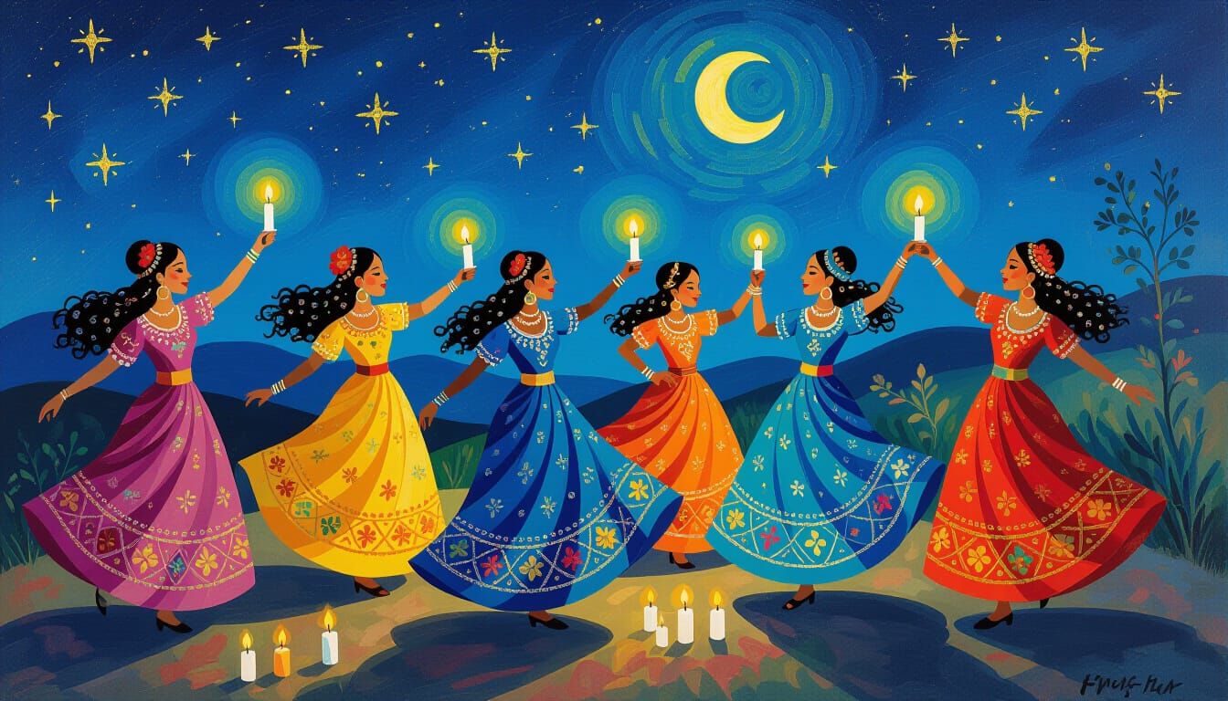 Roma Women Dance Under Starry Sky in Chagall Style