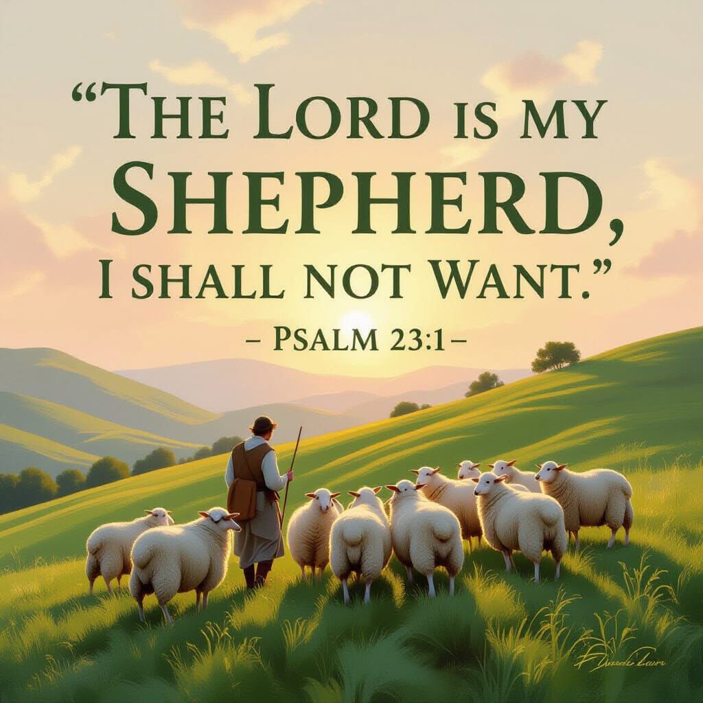 Shepherd with Sheep and Psalm 23:1 Quote - Golden Hour Lands...