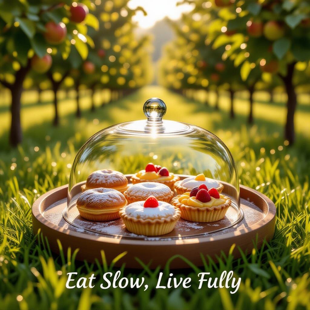 Elegant French Pastries Under Glass Dome in Sunlit Orchard