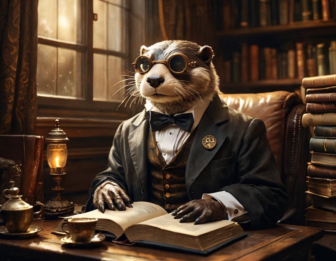 Steampunk Otter Reading in Cozy Library