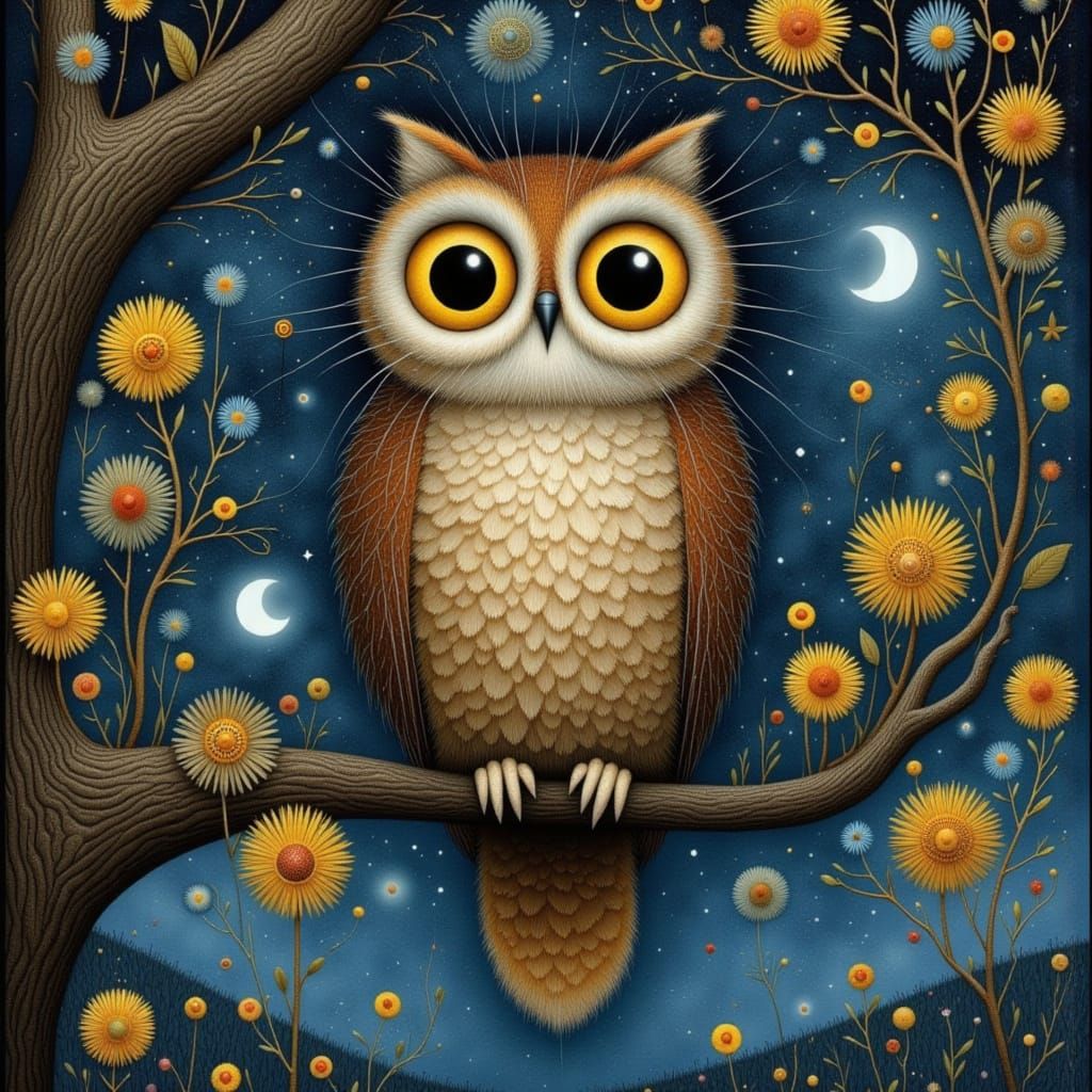 Owl in Tree of Life: Surreal Kintsugi Art