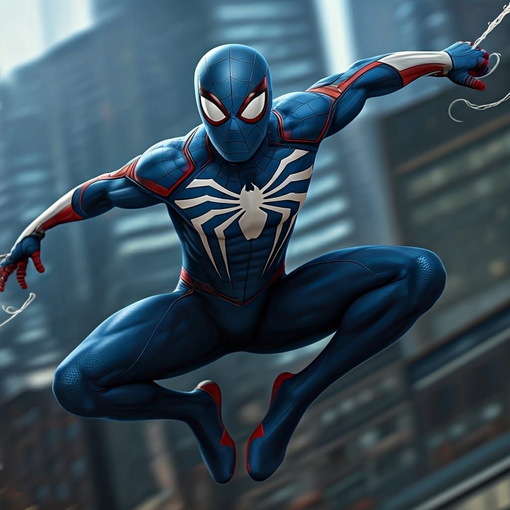 Spider-Man in Blue Suit Swings Through City