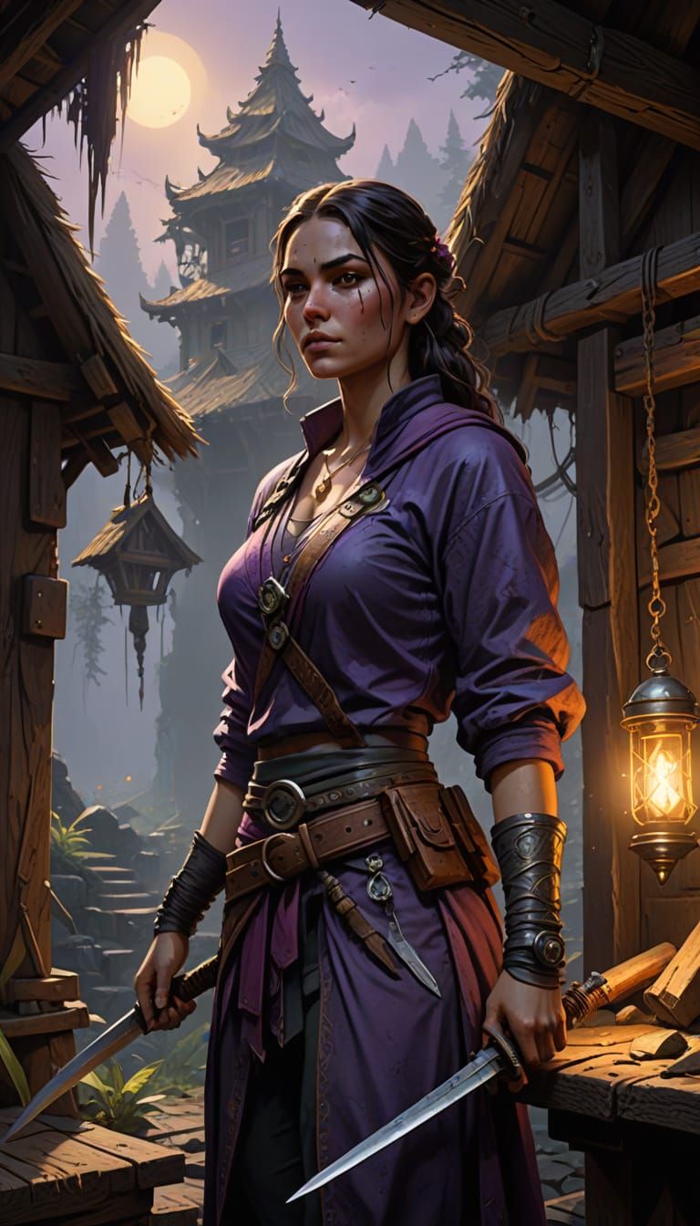 Dark Fantasy Warrior Woman with Dagger in Hut