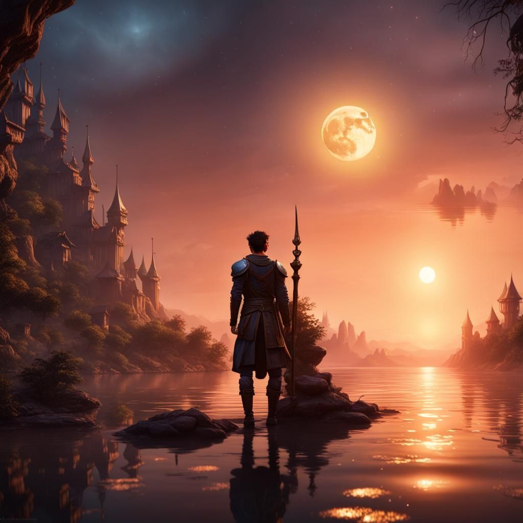 Moonlit Watch: Fantasy Art of a Man by the Water