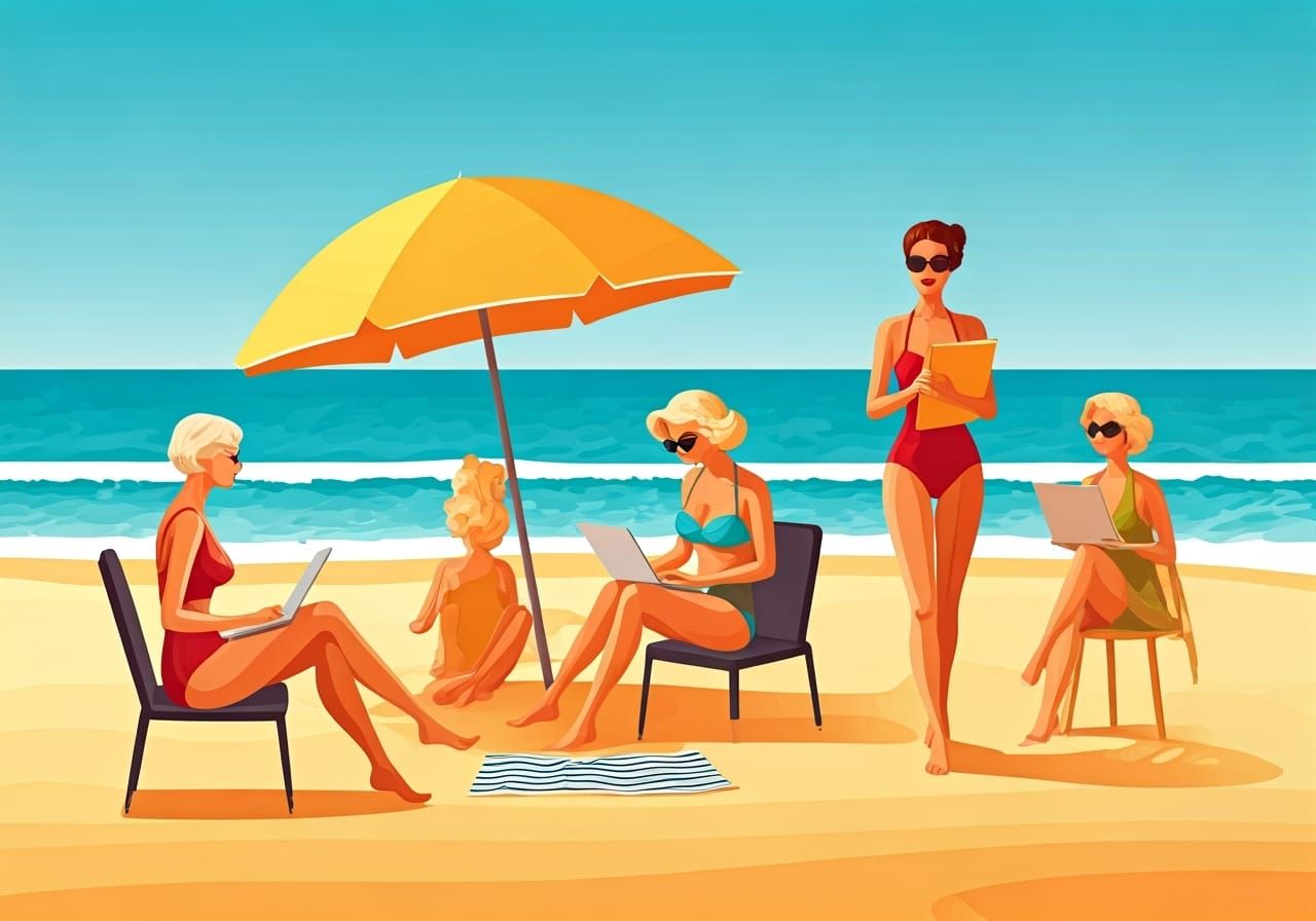 Beach Office: Ladies Working in Glamour Comic Style