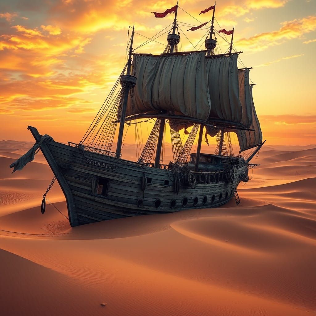 Majestic Galleon Lies Wrecked in Scorching Desert Landscape....
