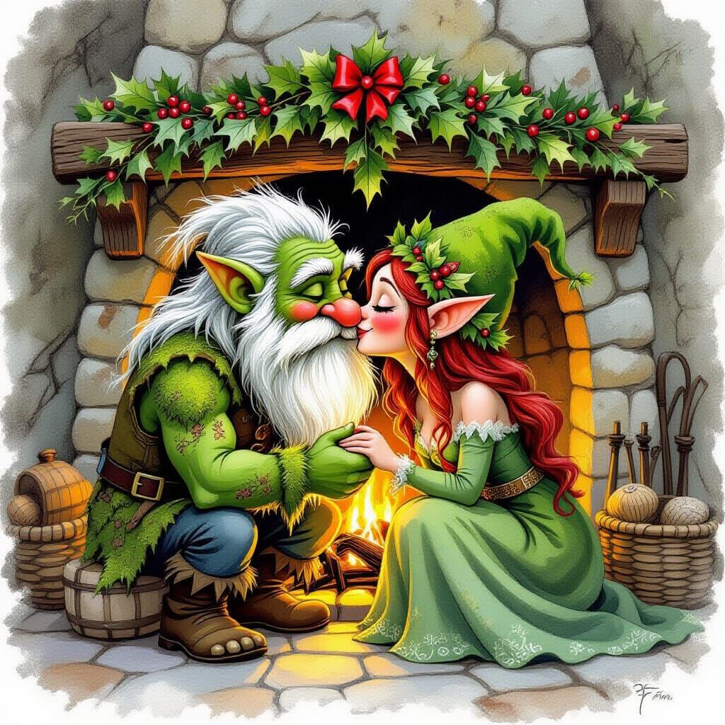 Whimsical Trolls Kissing Under Mistletoe by Cozy Fireplace