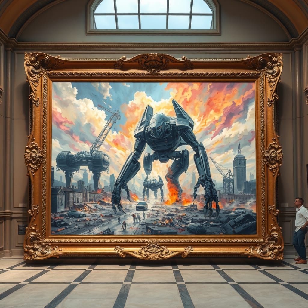 Mecha Monster Escapes Museum Painting