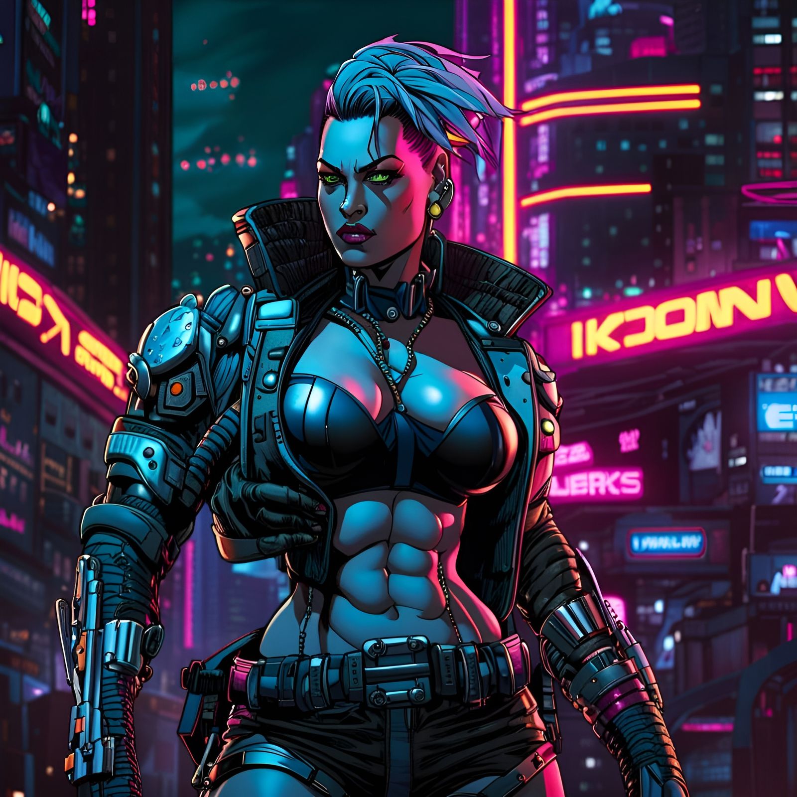 Cyberpunk Cyborg Warrior in Night City: Comic Art