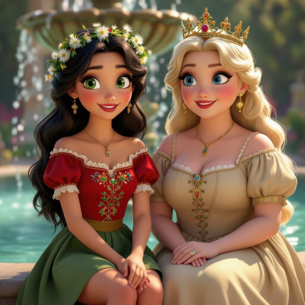 Disney Style Young Woman with Dandelion Wreath Near Fountain