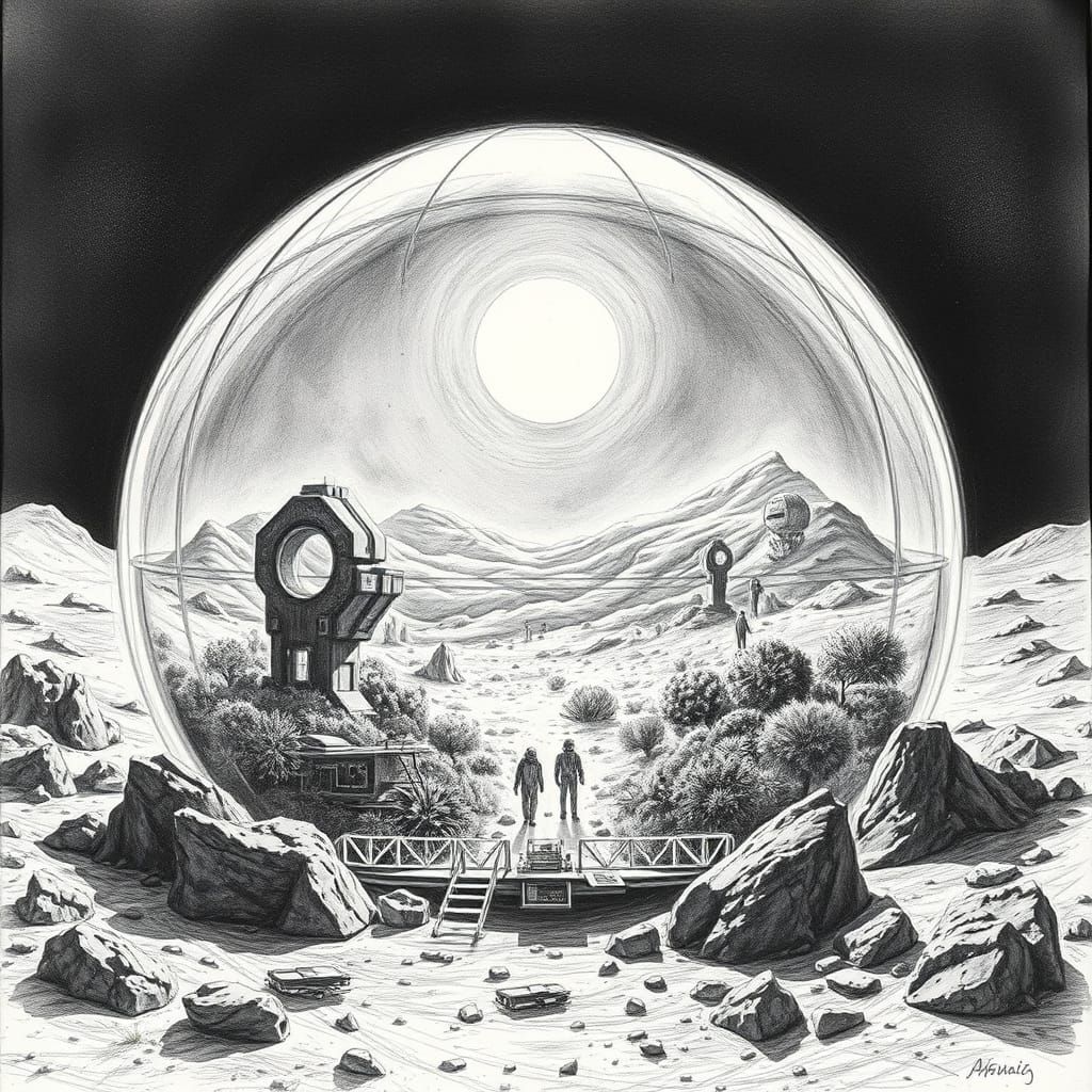 Futuristic Mars Settlement Under Dome, Charcoal Drawing