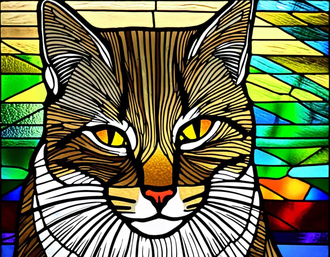 A Tabby Cat in Vibrant Stained Glass