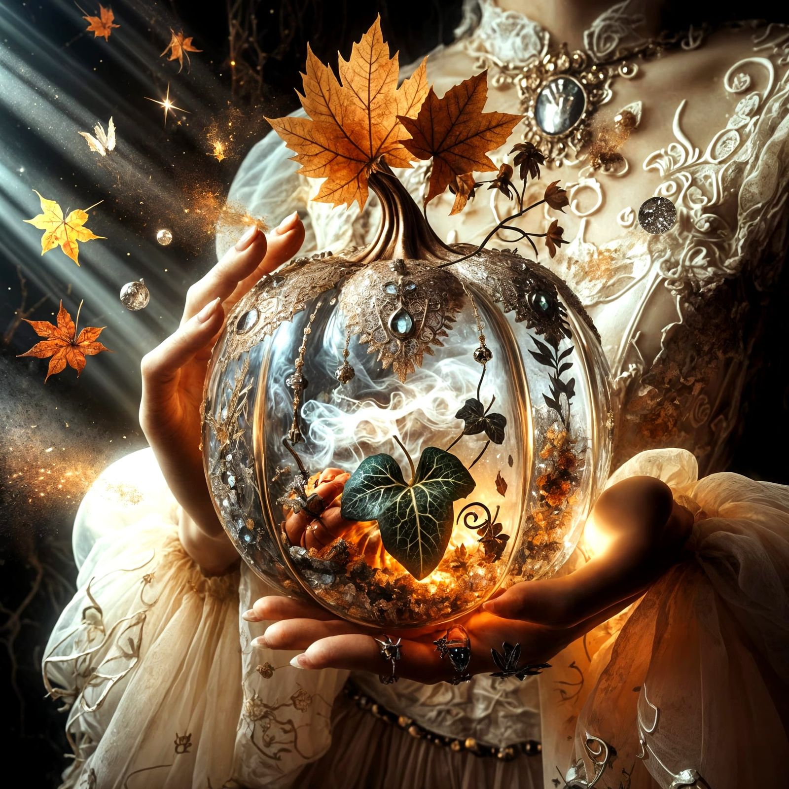 Sorceress Holds Glowing Glass Pumpkin with Gothic Garden