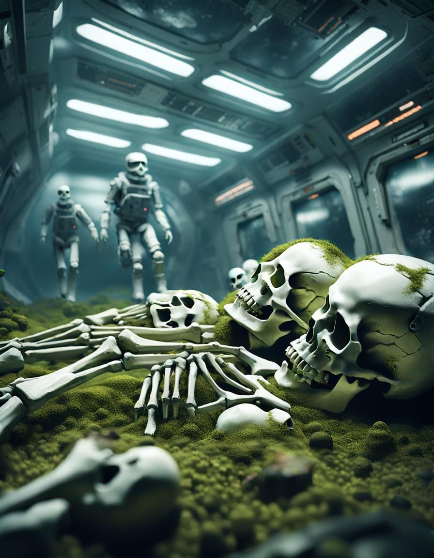 Abandoned Space Station with Astronaut and Skeletons