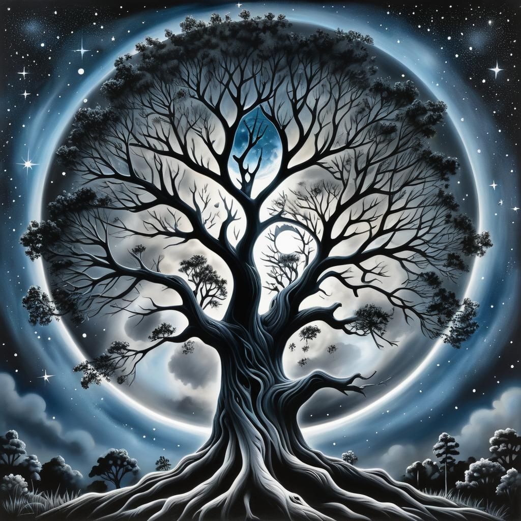 Complex Tree at Night in Airbrush Art