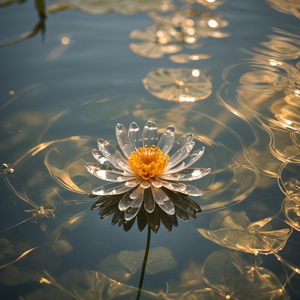Crystal Marigold Reflected in Lake: Macro Photography