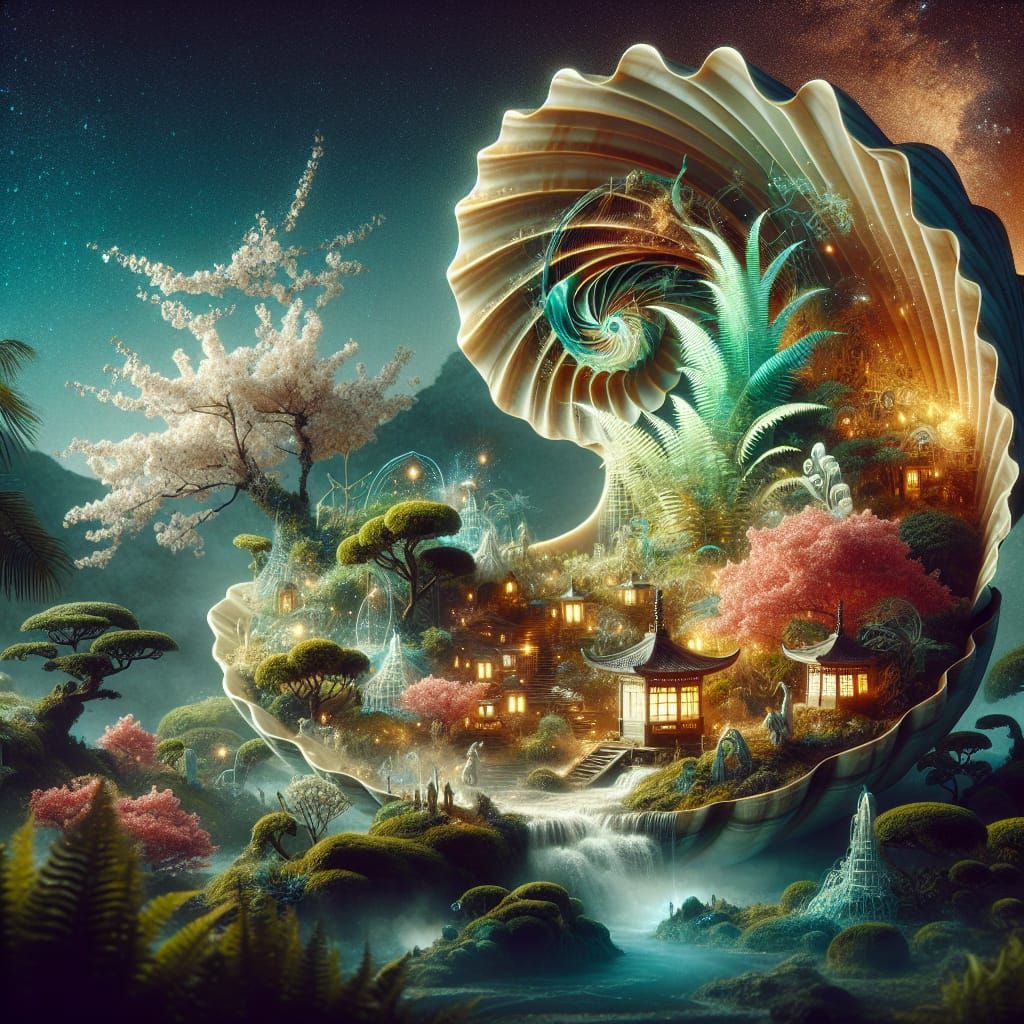 Mystical Flora and Elemental Harmony in Seashell Diorama
