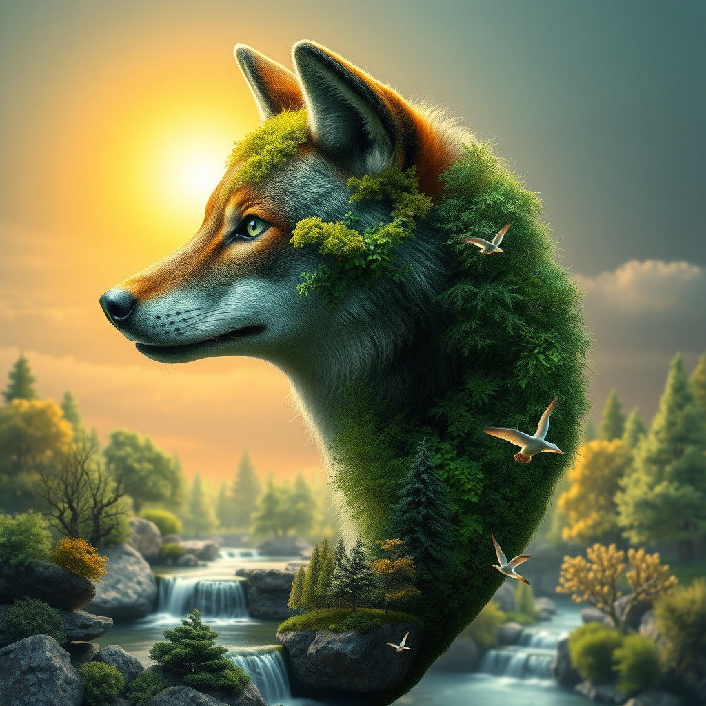 Green Wolf Head as Forest in Surreal Style