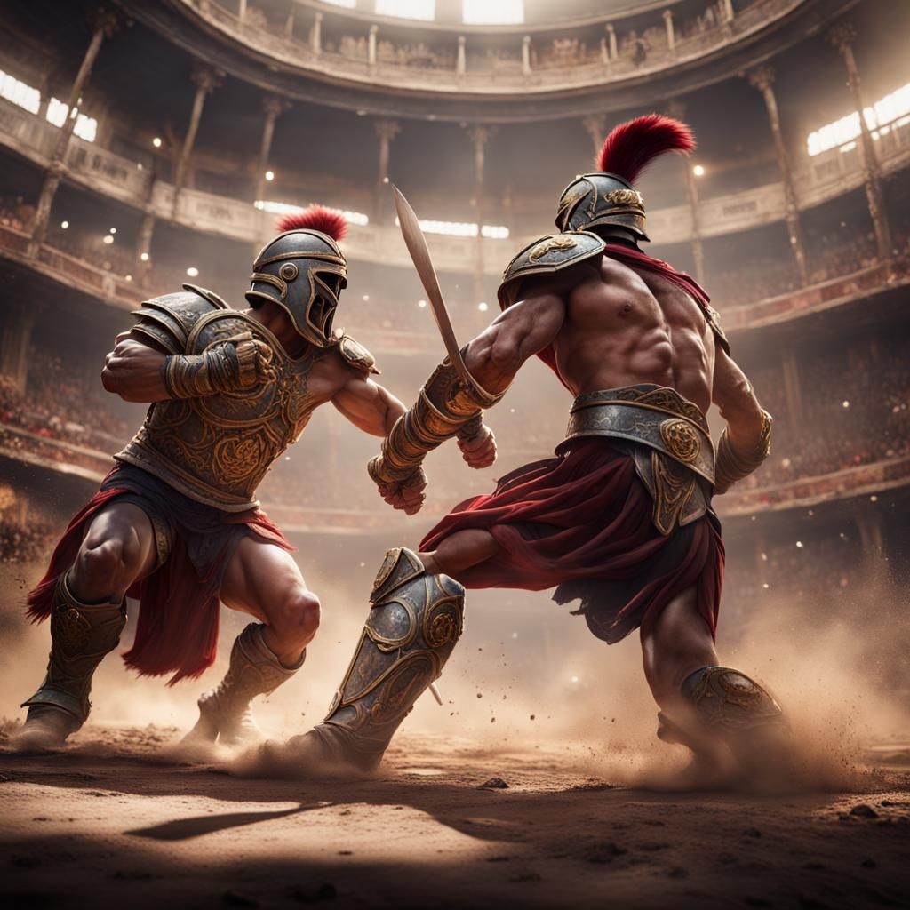 Gladiators Clash in Arena: Detailed Matte Painting