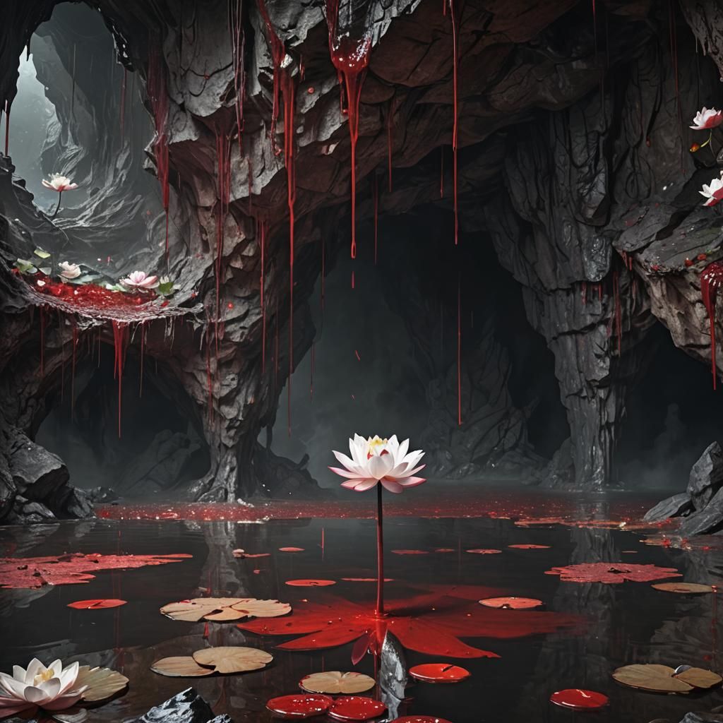 Epic Cave of Bloody Splendor with White Lotus Flowers
