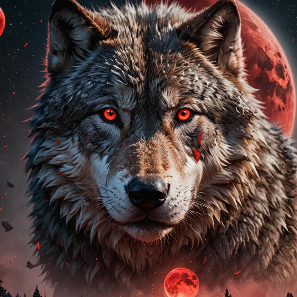 Realistic Wolf Howling at Red Moon