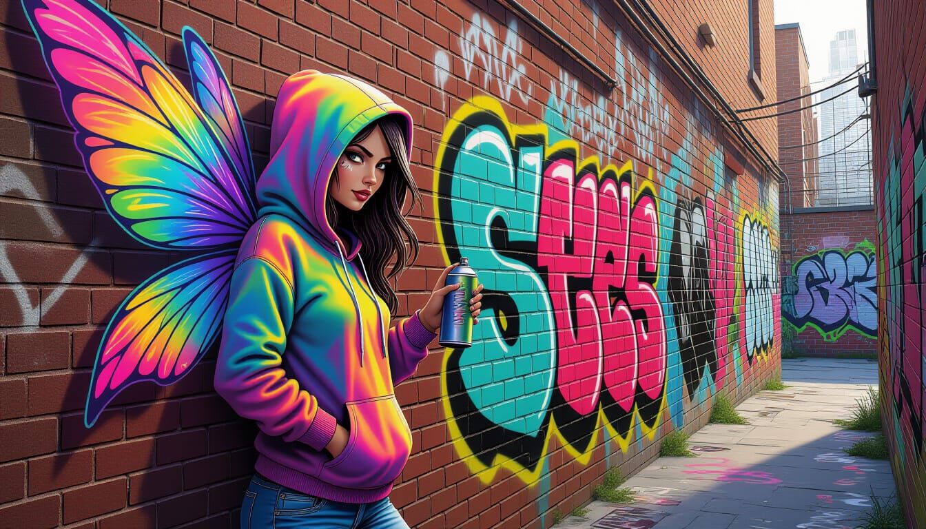 Graffiti Fairy with Spray-Paint Wings in Urban Alleyway
