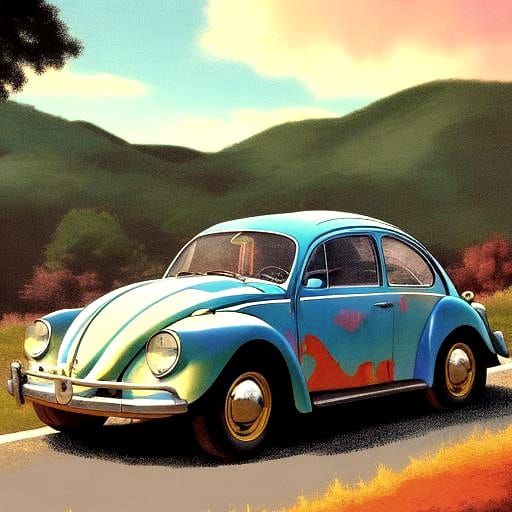Classic VW Beetle with Man in Anime Style