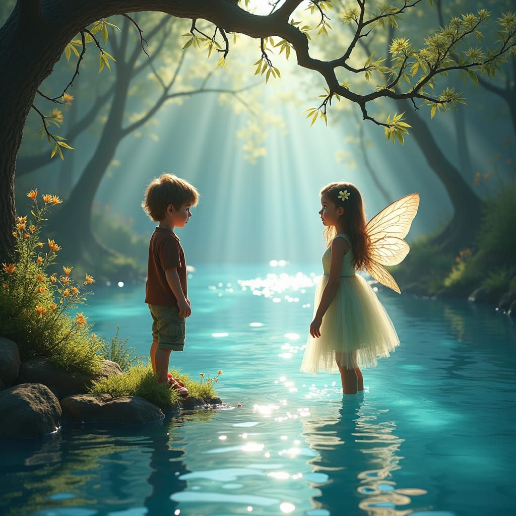 Boy and Fairy at Sparkling Riverbank