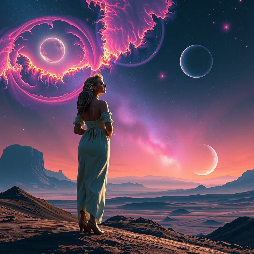 Ethereal Farm Goddess Stands on Cosmic Horizon