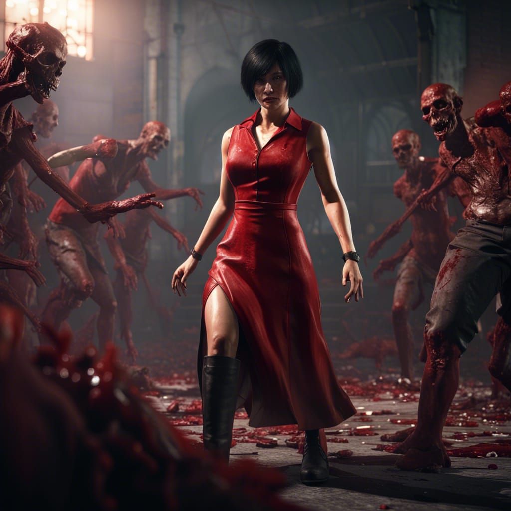 Ada Wong Surrounded by Zombies in Game Cinematic Style