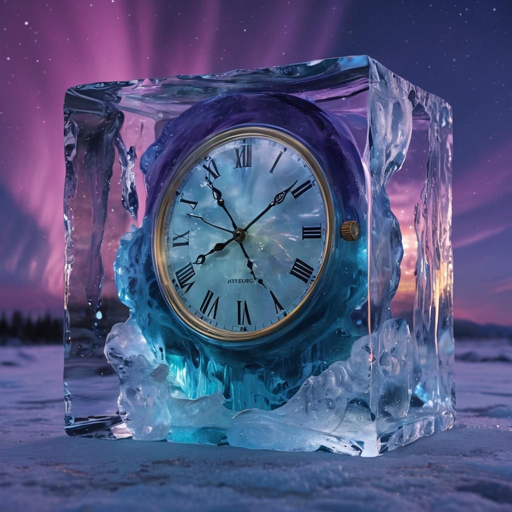 Melting Clock in Ice: Surreal Arctic Portrait