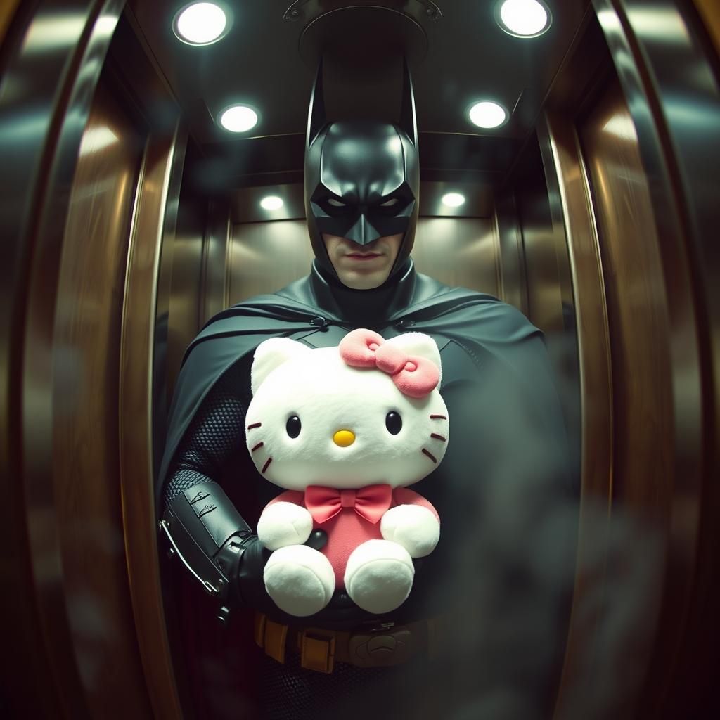 Batman with Hello Kitty Plush, Ethereal Thomas Kinkade Style