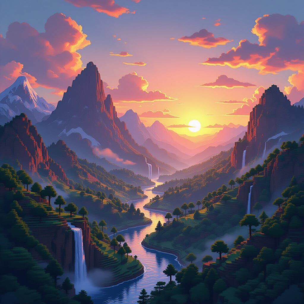 Hyperrealistic Minecraft Landscape at Sunset