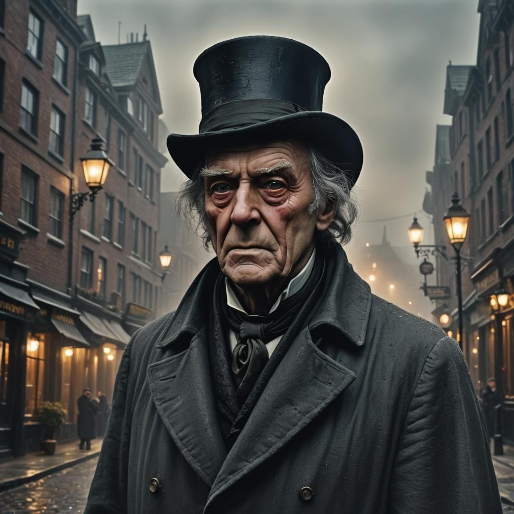 Ebenezer Scrooge in Foggy Victorian Street