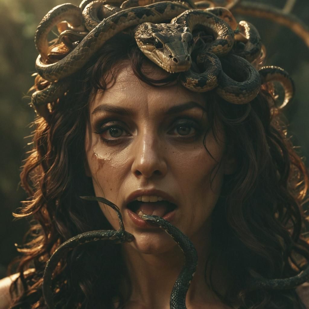 Medusa Gorgon Bites Snake: Cinematic Horror Aesthetic
