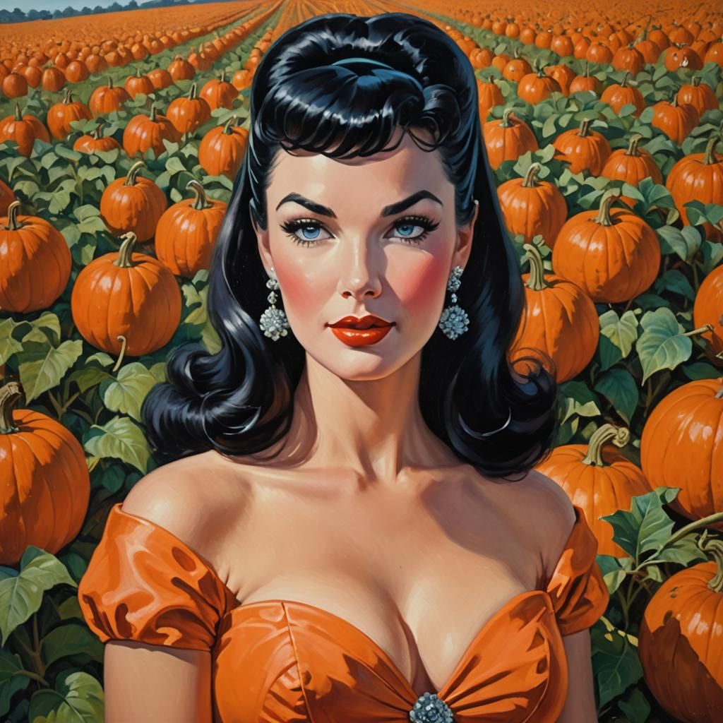 Elegant Woman in Pumpkin Patch, Impressionistic Portrait