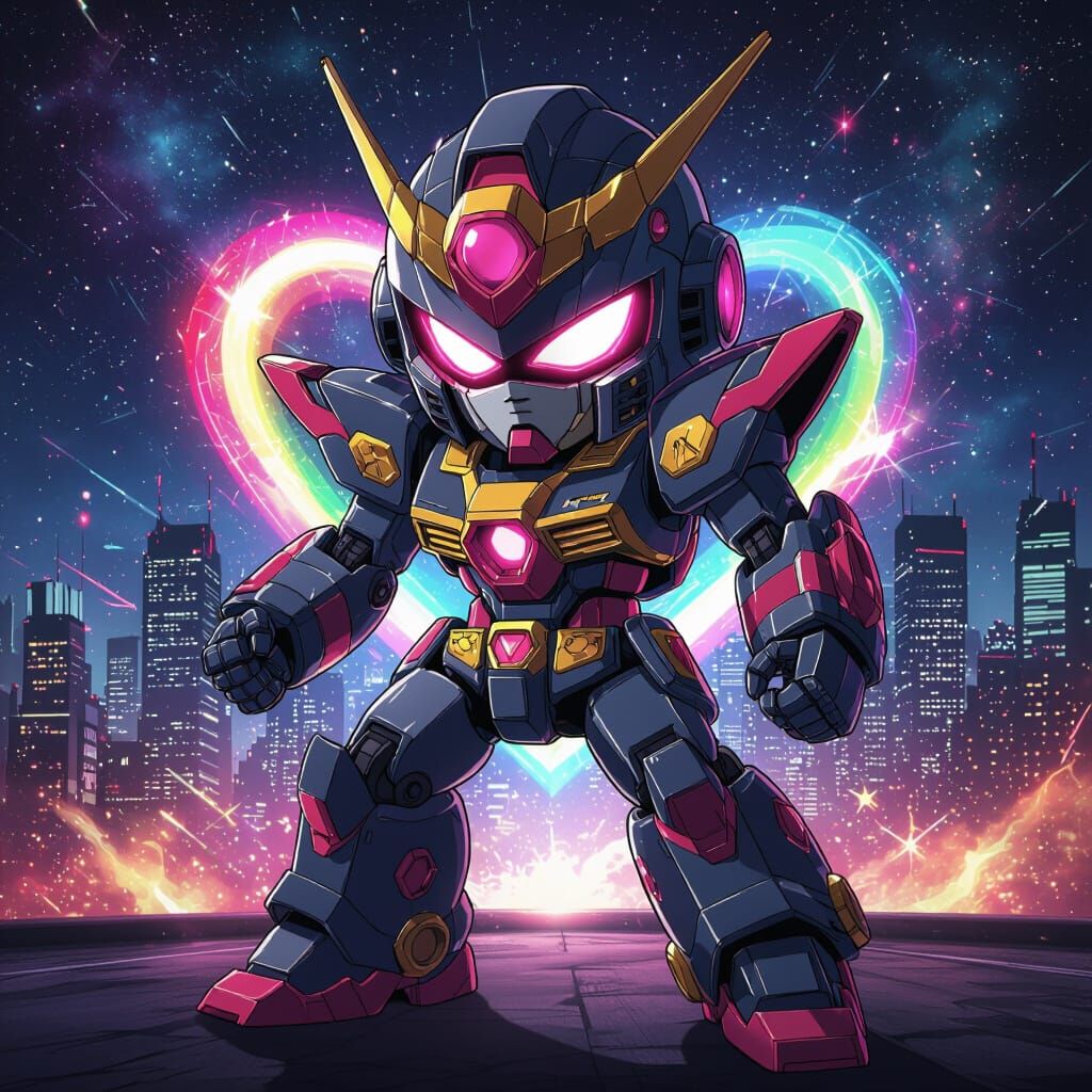Chibi Robot in Synthwave Tokyo, Anime Style
