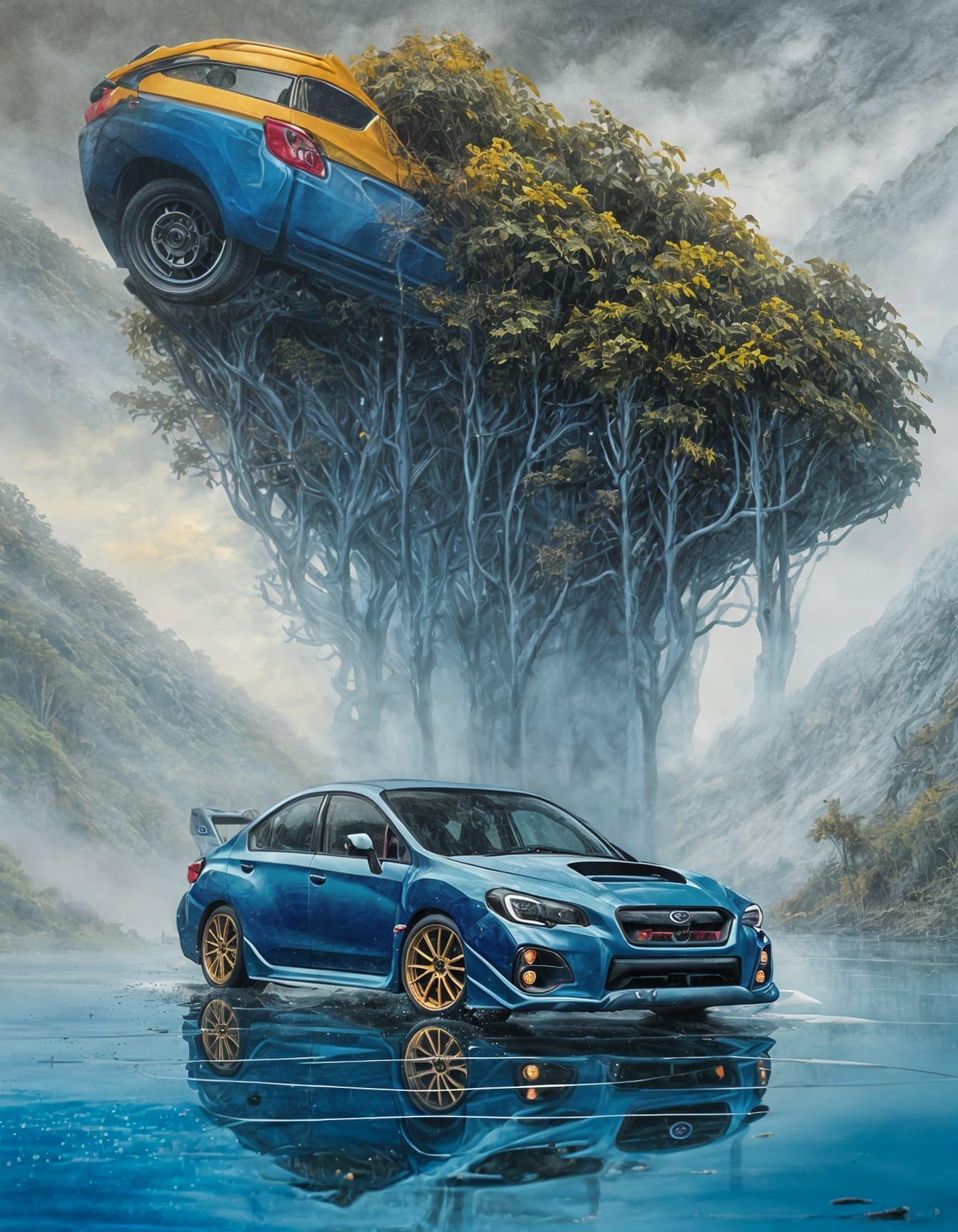 Submerged Subaru WRX in Grotesque Massurrealism Style
