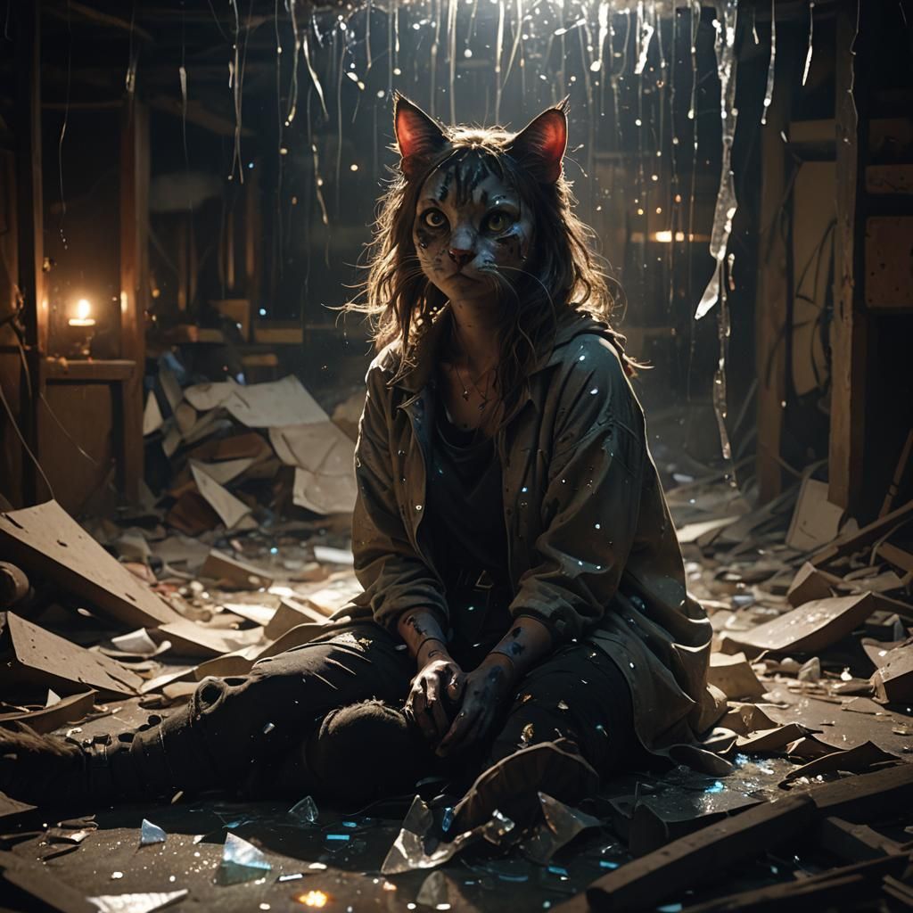 Cinematic Cat-Girl in Dark, Gritty Basement
