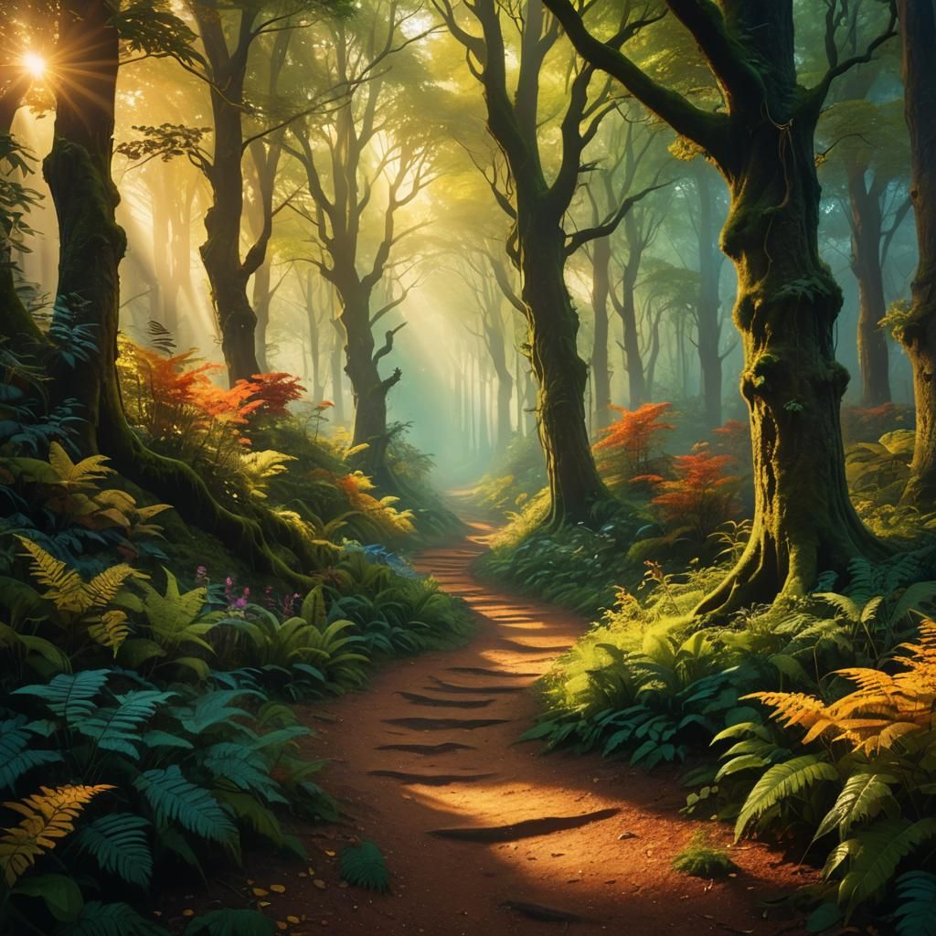 Glowing Path Through a Mystical Fantasy Forest