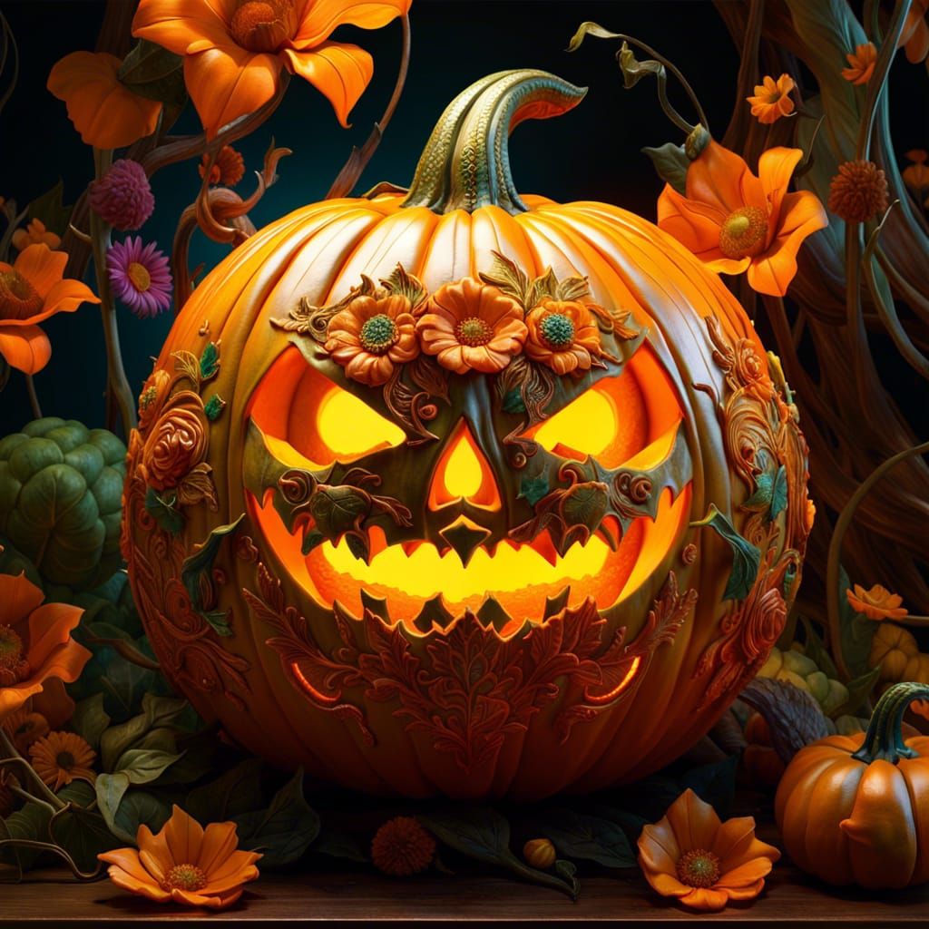 Intricate Jack-o'-Lanterns with Magical Floral Carvings