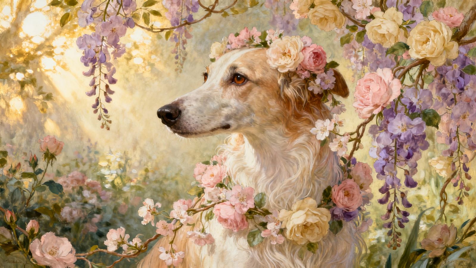 Victorian Dog Amongst Flowers in Waterhouse Style